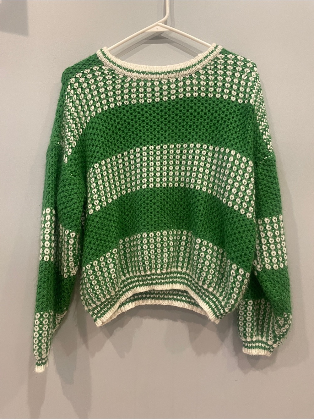 Green and White Striped Knit Sweater - Women